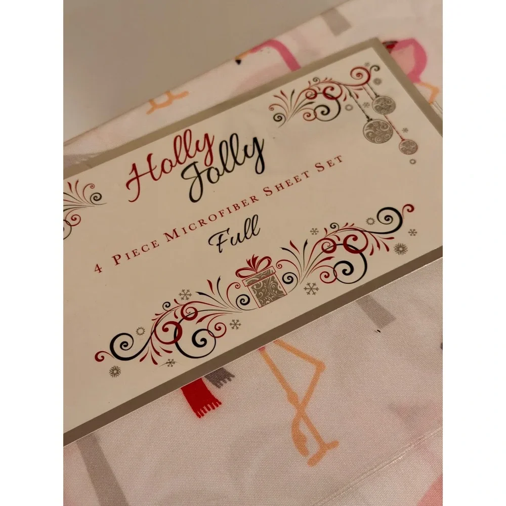 NWT Holly Jolly Christmas Flamingo Sheet Set Full 4pc Microfiber Bedding Holiday